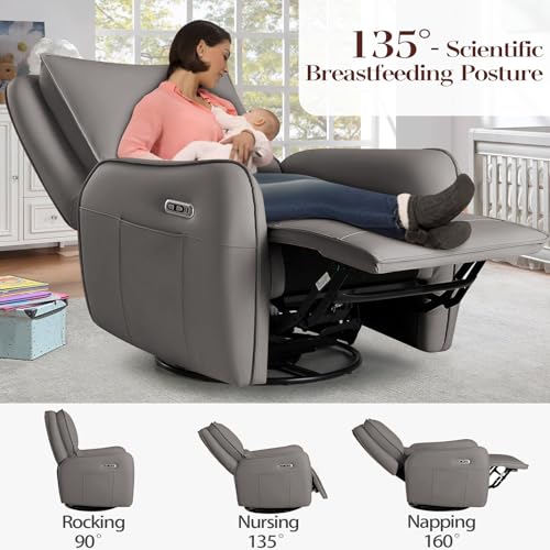 Image of Power Recliner Gliders for Nursery, Electric Swivel Rocker Recliner Chair, Comfy Upholstered Living Room Reclining Rocking Chairs with Lumbar Support (Dark Grey, 41 inch X 40 inch X 36 inch)