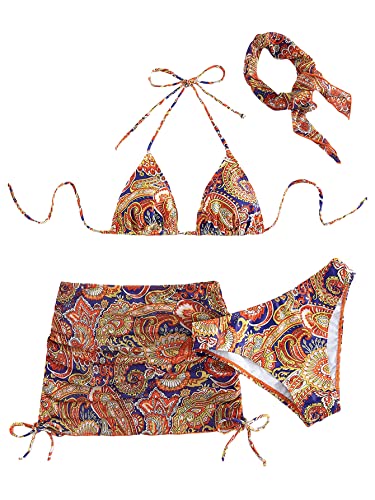 SHENHE Women's 4 Piece Paisley Swimsuit Halter Tie Back Sexy Triangle Bikini Sets with Cover Up