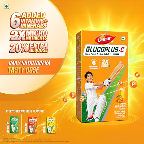 Image of Dabur Glucoplus C Instant Powder Energy Glucose (Mango Flavour) - 1kg | Replenishes Energy with 6 Added Vitamins and Minerals | 20% More Glucose In Every Sip | Vitamin C and Zinc Helps Boost Immunity | Calcium, Phosphorus and Vitamin K Support Bone Health