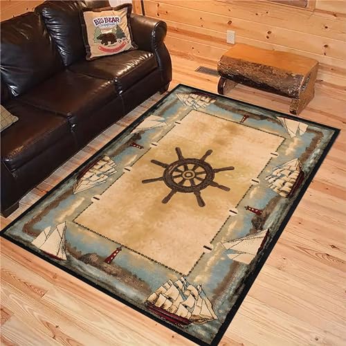 USHIRUG Retro Coastal Area Rug, 5x6ft, Vintage Lighthouse Sailboat Rudder