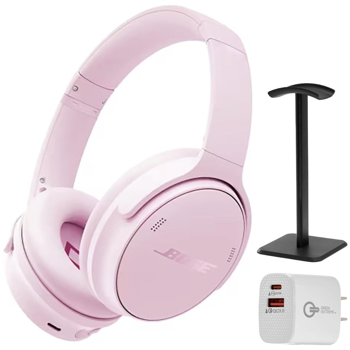 Bose QuietComfort Bluetooth Headphones, Wireless Headphones with Active Over Ear Noise Cancelling and Mic, + Green Extreme 20W 2-Port Wall Charger (Petal Pink)
