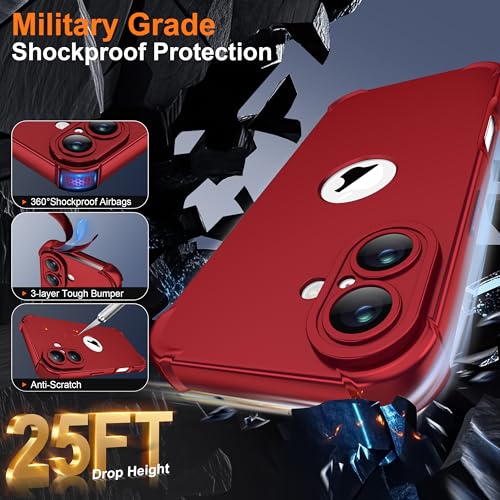 Image of ORETECH 3 in 1 for iPhone 16 Case with 2 x 9H Screen Protector,Red | Full Body Shockproof Design Smooth Texture,15FT Military Grade, Camera Lens Shield, with Armor Front Frame Protection