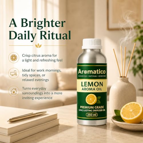 Image of AROMATICO Lemon Diffuser Oil with Strong, Long-Lasting Fragrance for Homes, Offices & Showrooms. For Aromatherapy, Diffusers, Air Purifiers, Vaporizers - 250 ml