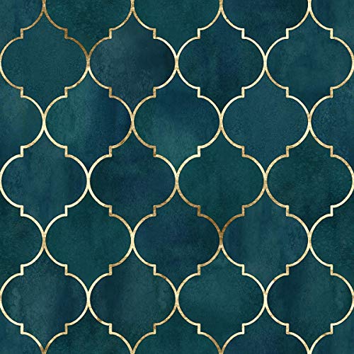 Image of DWELLSINDIA Dark Aqua Moroccan Geometric Wallpaper for Interior Decor | Self Adhesive Peel & Stick, Thick Textured Premium Paper | Waterproof, Scratch Resistant | Living Room & Bedroom | 41 x 244 cm