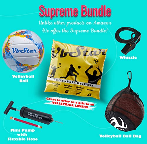 Volleyball Ball Kit | Waterproof Soft Ball For Indoor Outdoor Training, Comes With Drawstring Ball Bag, Mini Air Pump, Needle, Extension Hose And A Whistle With Lanyard (Blue & Yellow Paint Splash) #TOP2