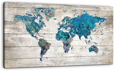 Abstract Watercolor Blue World Map Canvas Wall Art Prints for Living Room Office Large Teal White Watercolor World Map Picture Framed Artwork Decor for Home Bedroom Decoration