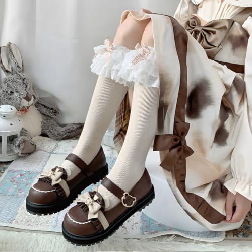 Lolita Kawaii Gothic Y2K Round Toe Low Platform Bear Element Decor Bows Lace Trim Mary Jane Flats4