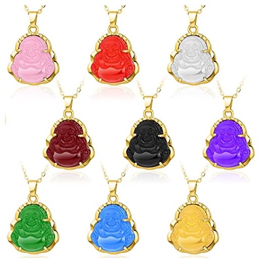 9 Pcs Laughing Smiling Buddha Pendant Buddha Necklace for Women Men Blue Yellow White Pink Green Jade Buhdda Jewelry Gold Lucky Amulet Chain for Mom Dad, 9 Colors (Exquisite Style)
