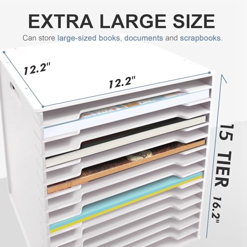 Image of SONGWAY 12x12 Paper Storage Organizer - 15 Tier Desk File Organizer with Adjustable Shelves, Letter Mail Tray, 12x12 Stackable Scrapbook Paper Storage Cube for Home Office Classroom