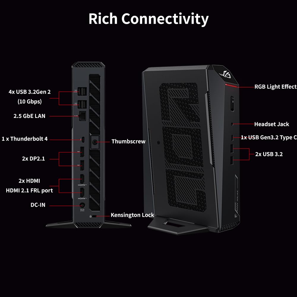 ROG NUC 2025 Mini PC con Intel Core Ultra 9 275HX, GPU GeForce RTX 5080, DDR5 da 32 GB, SSD da 1 TB, raffreddamento a tripla ventola, supporto per cinque display 4K, Wi-Fi 7, per giochi e AI.
