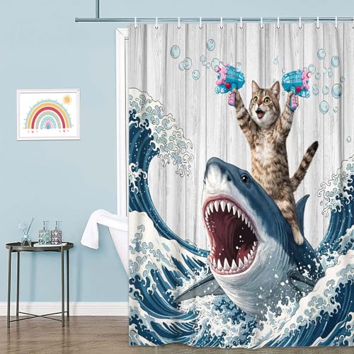 Image of Funny Cat Shower Curtain, Fun Cat Riding Hilarious Shark Surfing Ocean Waves Shower Curtains for Bathroom Whale Cool Blue Bath Curtain Waterproof Fabric with 12 Hooks 72x72 Inch