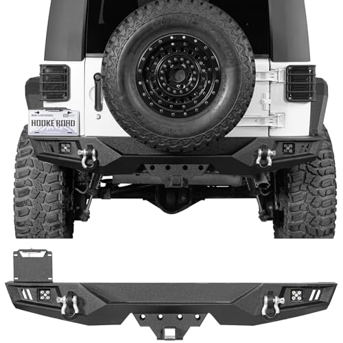 Hooke Road JK Rear Bumper w/License Plate Mount for 2007-2018 Jeep Wrangler JK JKU 2/4 Doors Offroad Sturdy Steel Back Bumper with 2 Hitch Receiver LED Lights D-rings