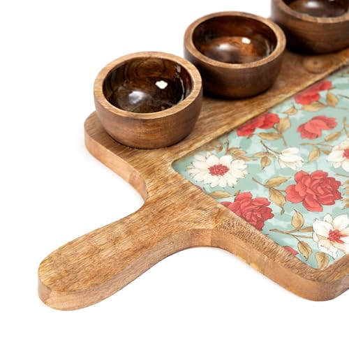 Image of Handcrafted Mango Wood Serving Platter with 3 Dip Bowls | Traditional Jamawar Kashmiri Print | Waterproof, Heat-Resistant, Food-Safe Lacquer Finish | 15.5 x 10 Inch | Made in India (3Katori-AquaRed)