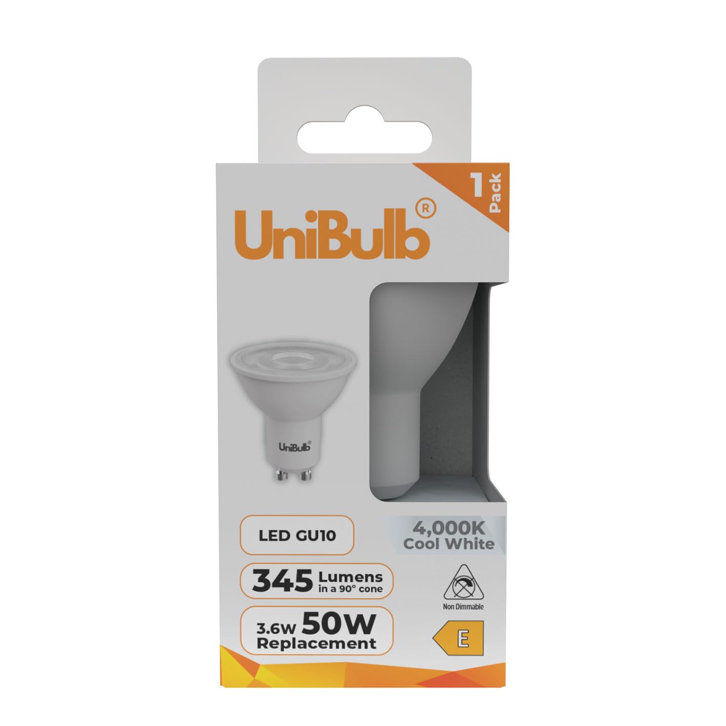 Unibulb GU10 Light Bulb, Downlight/Spotlight/Ceiling, 3.6W, 345 Lumens, 4000K Cool White, Replaces 50W, Non-Dimmable, 25yr Lifespan (1)