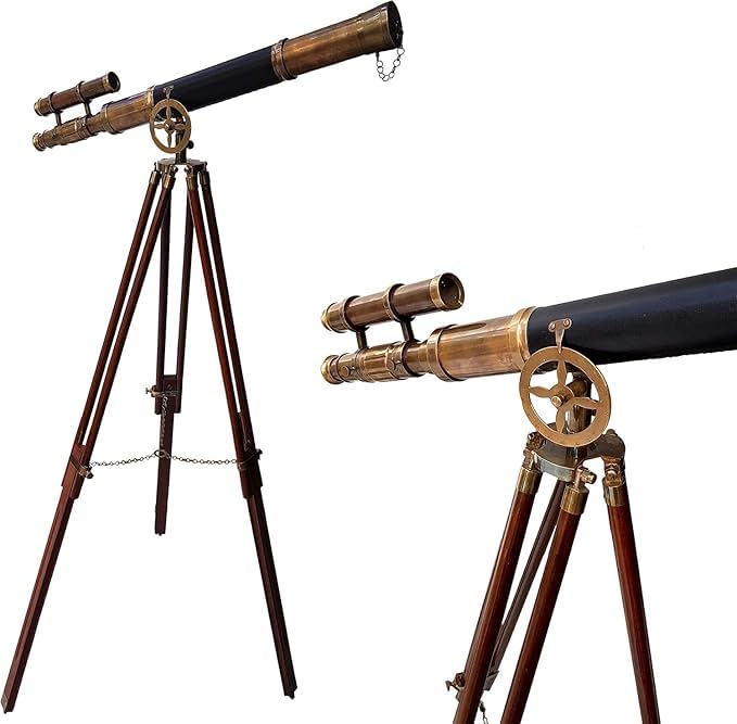 Telescopio in pelle nera stile nautico Marittimo Ottone Antico Doppio Barrel Designer Telescopio W/Treppiede in legno Telescopi da terra