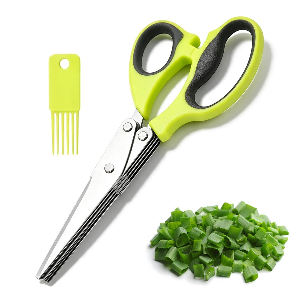 Multipurpose 5 Blade Herb Scissors with Cleaning Comb,Kitchen Herb Shears Herb Cutter with Cover and Cleaning Comb for Chopping Basil Chive Parsley Cool Kitchen Gadgets，Green-1pc