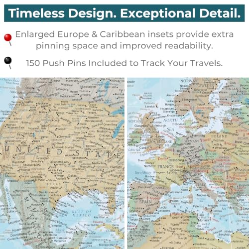Image of Push Pin Travel Maps Signature World Personalized Canvas Wall Art - Large Travel Tracker - Natural Float Frame - 24 inch x 36 inch