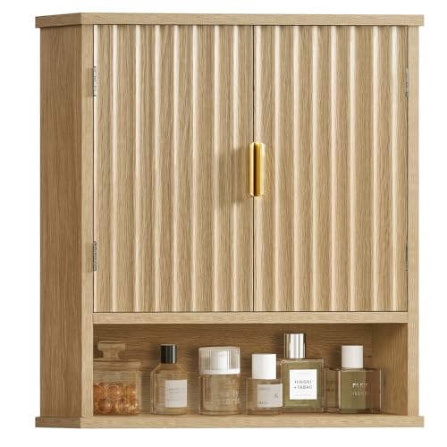 Image of TEENFON Bathroom Wall Cabinet with 2 Fluted Doors & Adjustable Shelf, Modern Bathroom Organizer, Over The Toilet Storage Cabinet, Natural