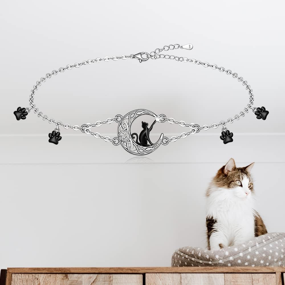 Fenthring Cat Anklets S925 Sterling Silver Ankle Bracelets for Women Celtic Moon Black Cat Paw Print Anklet Bracelet for Cat Lovers Cute Animal Pet Beach Boho Foot Chain Jewelry Summer Gifts
