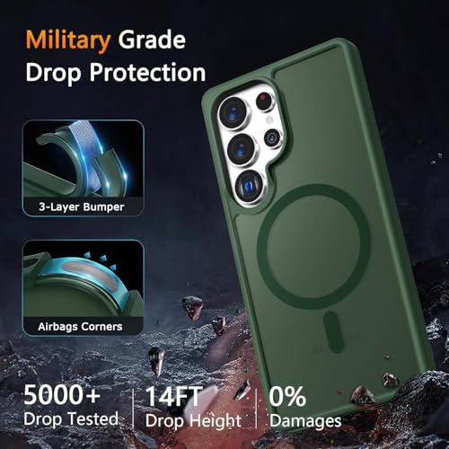 Image of Elzzi Magnetic Guard Designed for Samsung S25 Ultra 5G Case Translucent Matte Hard PC + TPU Back Cover [Compatible with MagSafe] Anti-Scratch Phone Case (Green)