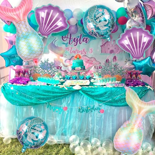 Image of 6 Pcs Mermaid Balloons, SeaShell Foil Balloons, Mermaid Tail Mylar Balloons for Sea Ocean Themed Birthday Party Decorations Baby Shower (Pack of 2)