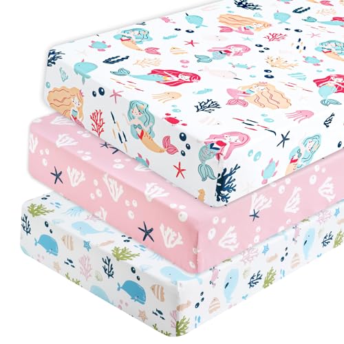 Image of PHF 3 Pack Soft Mermaid Crib Sheets Fitted, Silky Comfy Breathable Baby Sheets for Boys Girls Neutral, 28x52 Inches Fits Standard Crib and Toddler Mattresses, Mermaid
