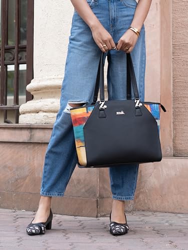 Image of ZOUK Printed Jute Handcrafted Vegan Leather Black Women's Check-point Friendly Classic Business Bag