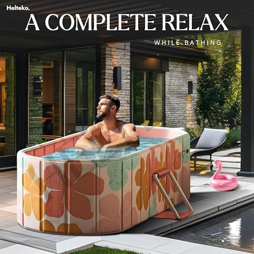 Image of Helteko Bath Tub for Adult for Bathroom, Foldable Tub for Home Use with Drainage Hole, Thickened Insulated Ice Bath Tub, Inflatable BathTub for Adults, Ice BathTub for Adults (Pink Flower)