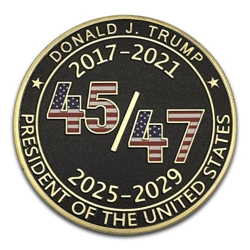 Image of President Donald Trump 45 47 2025 24kt Gold Challenge Coin, Trump Coin Collectors Souvenir, 45 & 47 with Red White & Blue Flag Plus 24kt Gold Plating, Large Size 45mm x 3mm Oval Office