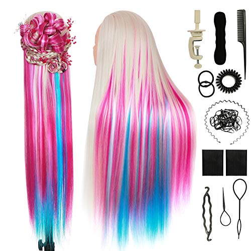 Mannequin Head with Hair Practice Doll , ORGUJA Cosmotologist Doll head for Hair Styling with Stand , 30in Synthetic Fiber Rainbow Hair Manikin Head , Training Hairdresser Head with Braid Set