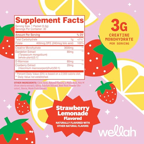Image of Wellah Creatine for Women (Strawberry Lemonade) 30 Stick Packs | With Dandelion, D-Mannose & Cranberry Extract, To-Go Packets