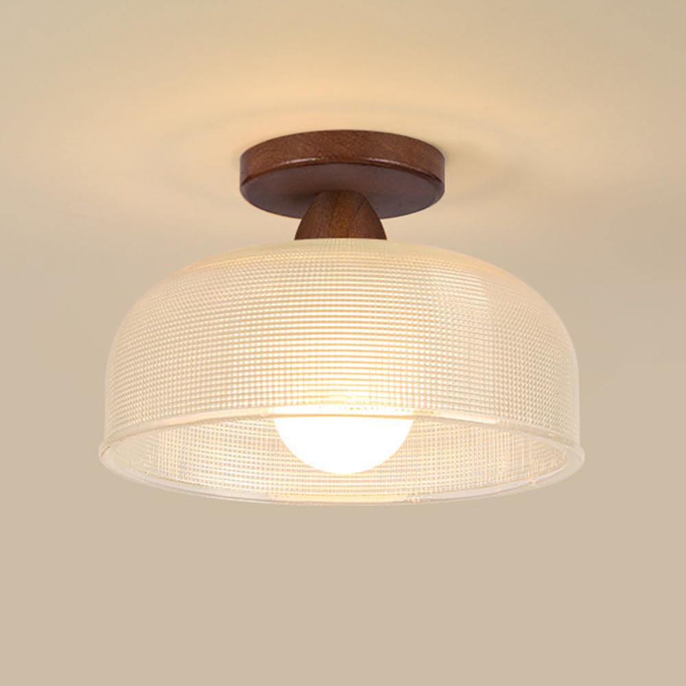 Lampa sufitowa w stylu szkolnym, półpłaska, drewniana lampa sufitowa z kloszem szklanym, lampa sufitowa w stylu mid-century modern do sypialni, kuchni, korytarza i wejścia w stylu wiejskim