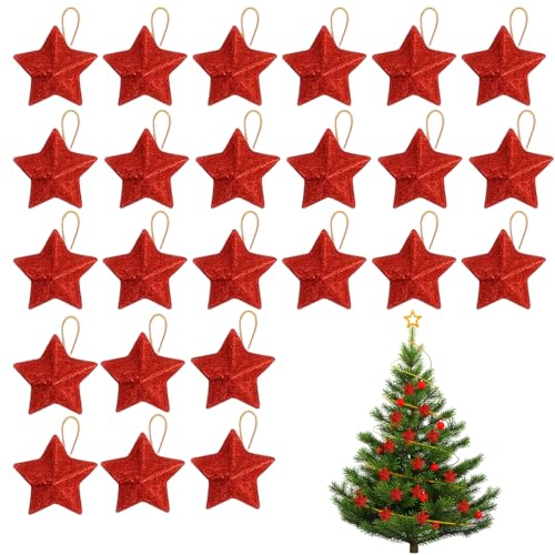 Weihnachtsbaumschmuck, 24 Sterne Deko, 5 cm, Rot, Christbaumschmuck, Weihnachtsbaumdekoration, Festliche Dekoration, Weihnachtssterne