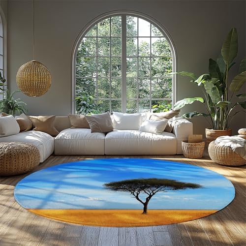 BYLEEHOMED Alfombra Redonda de Campo de Trigo y árbol Solitario 150 cm Lavable a máquina Alfombra Moderna escénica Rural de Campo para Decor estética de Dormitorio