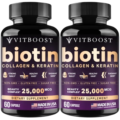 Vitboost Biotin with Hyaluronic Acid Collagen and Keratin 25000 mcg Hair Growth Vitamins for Men and Women Nails and Skin USA Made - Third Party Tested B1 B2 B3 B6 B7 Complex - 120 Capsules