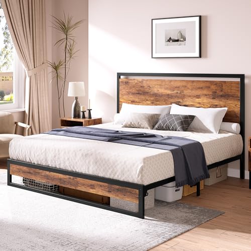 GarveeHome Bed Frame with Headboard and Footboard, Heavy Duty Slats Support with Under Bed Storage, Non-Slip, Easy Assembly, Rustic Brown (12 in, King