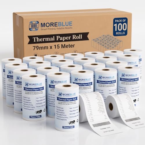Image of MOREBLUE 79mm x 15m Pack of 100 POS White Thermal Paper Rolls, Smooth Print Billing Paper for POS Printer, Credit Card Machine & Petrol Pump Receipts
