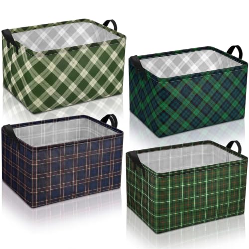 Image of Chunful 4 Pack Christmas Tartan Plaid Storage Baskets for Gifts Collapsible Green Tartan Decorative Laundry Storage Bins Foldable Box with Handles for Home Bedroom Office Holiday Clothes Containers