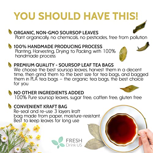 Premium Soursop Graviola 40 Leaves Tea Bags, Pure, Organic, Non-Gmo, Handmade, Made With Natural Materials-Corn Fiber Tea Bag, Made Of 100% Soursop Leaf, Sugar/ Caffeine/ Gluten Free, Hoja Guanabana Tea #TOP1