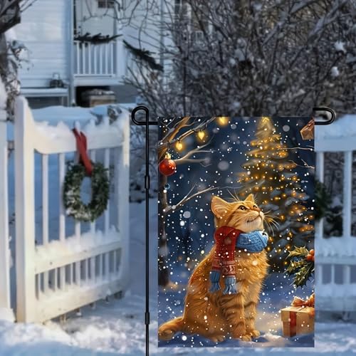 Image of BlissYard Christmas Cat Garden Flag 12x18 Double Sided Vertical Flag Christmas Outdoor Decorative Flags Orange Cat House Flags for Outside Winter Christmass Yard Garden Lawn Banner