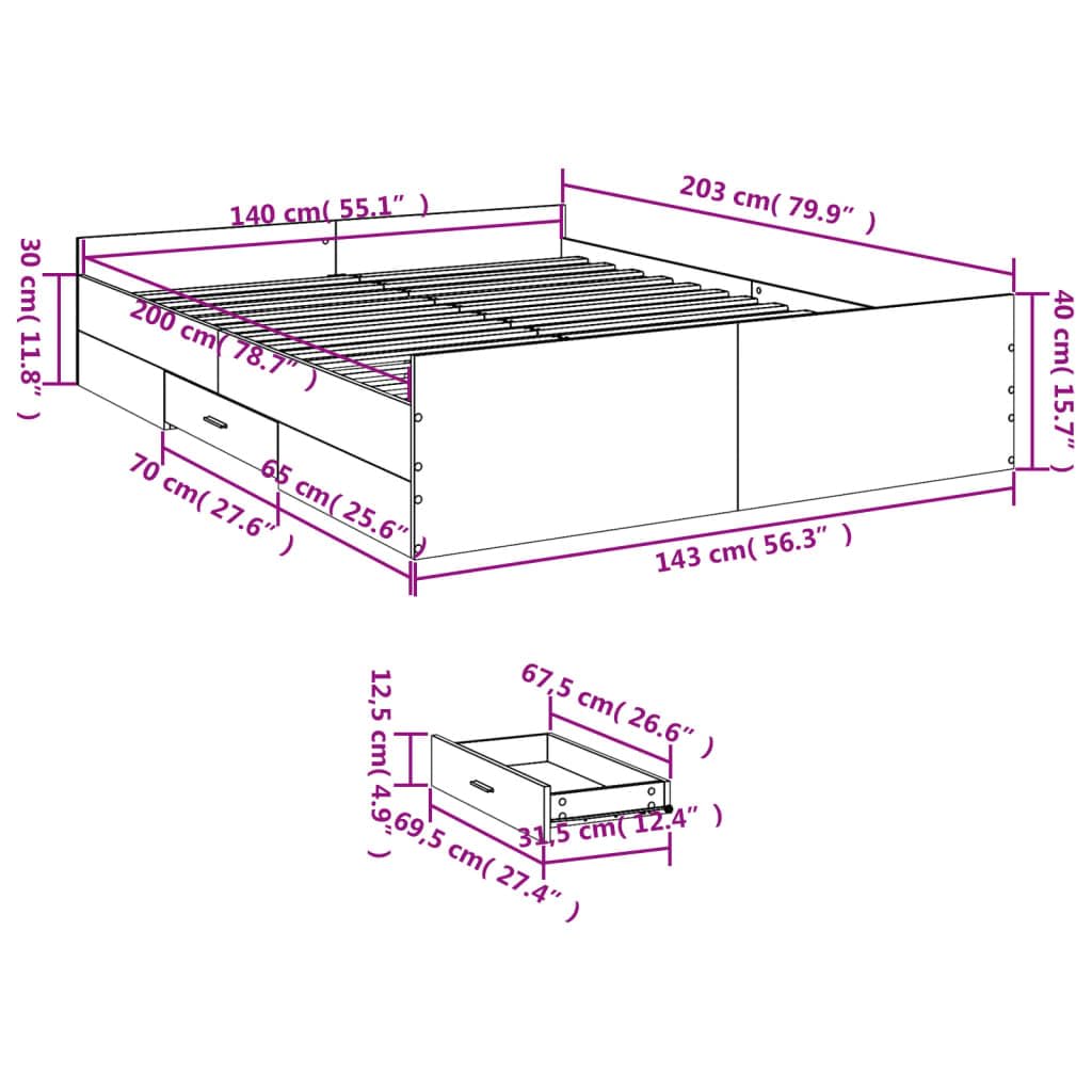 vidaXL Cama con cajones Madera ingeniería Gris hormigón 140x200 cm