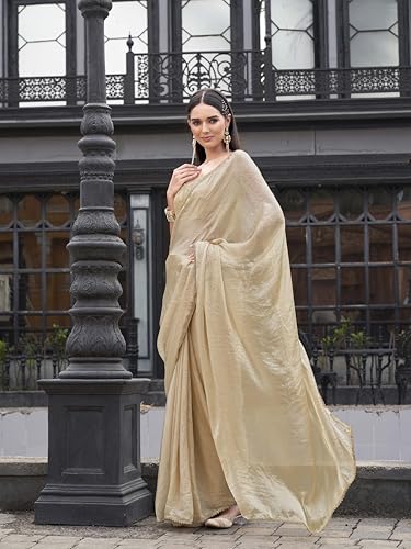 Image of Womanista Women's Ready to wear beige colored saree with embellished lace(TI7069 Beige Onesize)