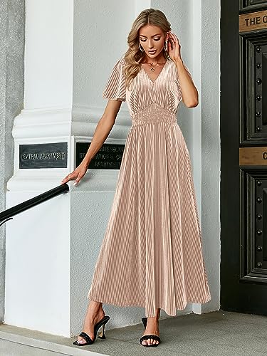 Image of Simplee Women's V Neck Velvet Maxi Dress Short Sleeve Empire Waist Long Formal Dress for Wedding Guest
