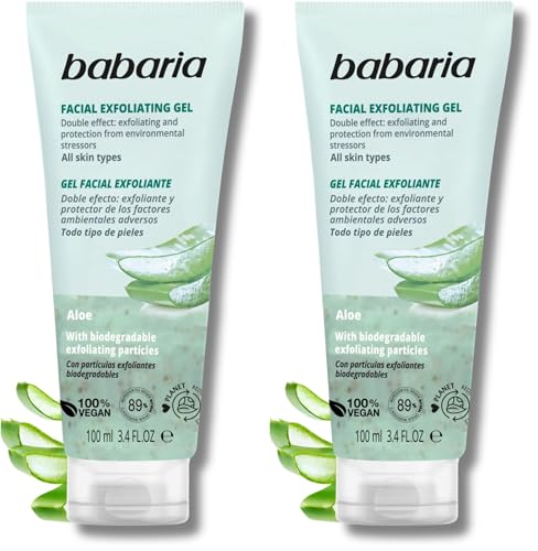 Babaria - Exfoliante Facial Con Aloe Vera 100ml, Elimina Células Muertas e Impurezas | Gel Limpiador Facial Con Particulas Exfoliantes Biodegradables | Limpiadores Faciales 100% Vegano (Paquete de 2)