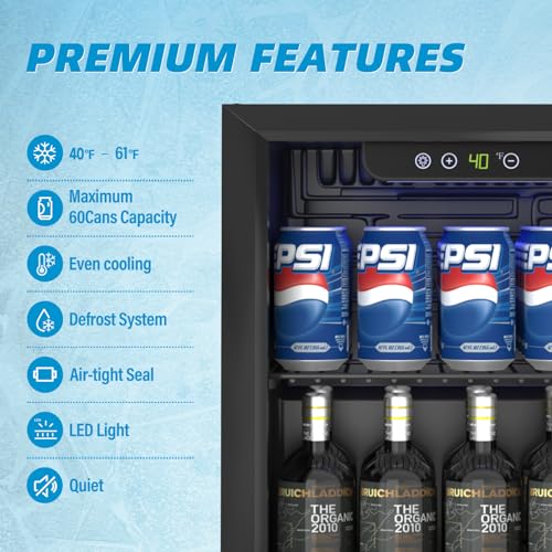 Erivess Compact Beverage Refrigerator,60 Can/1.3 Cubic Feet Mini Fridge with Glass Door for Soda, Beer, or Wine, Under Counter Small Refrigerator with Adjustable Shelves and Digital Display on Fridge.com