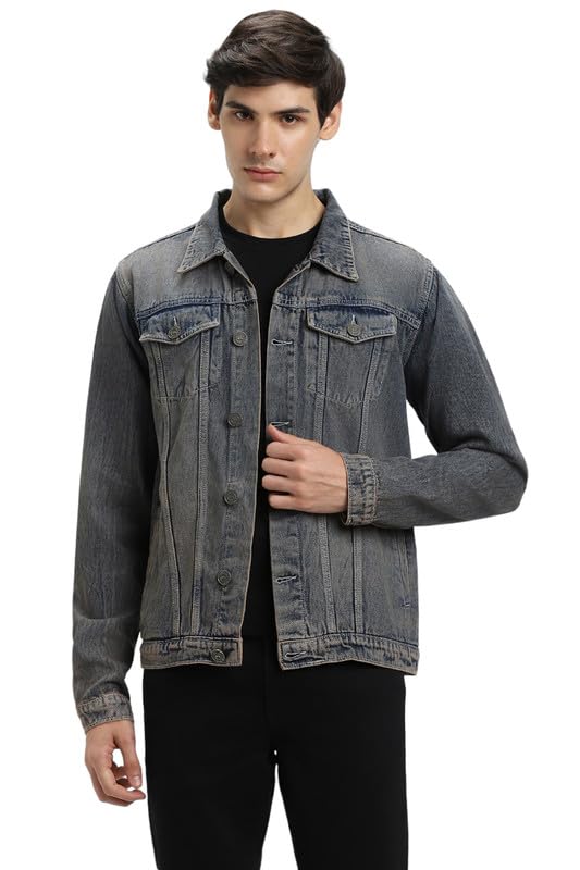 DENNIS LINGO Men’s Indigo Washed Cotton Denim Jacket, Regular Fit Full Sleeves Spread Collar