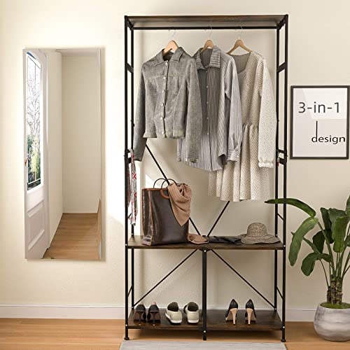 Folding Coat Rack Shoe Bench, Industrial Hall Tree Entryway With 2-Tier Storage Shelf And Handing Rod For Living Room Apartment Bedroom Hallway, Easy To Assemble, 3-In-1 Design (Rustic Brown) #TOP1