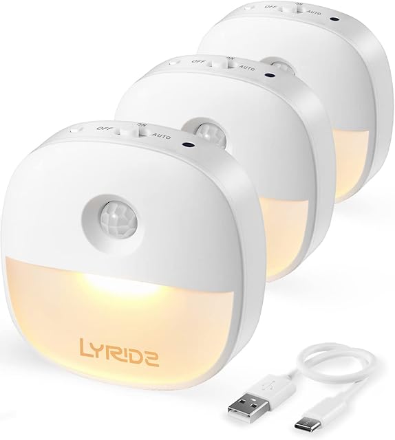 Lyridz Motion Sensor Lights Indoor, USB Type-C Rechargeable Night Light, Removable Magnetic Stick on Cupboard, Stair, Hallway, Bedroom(3 pack)