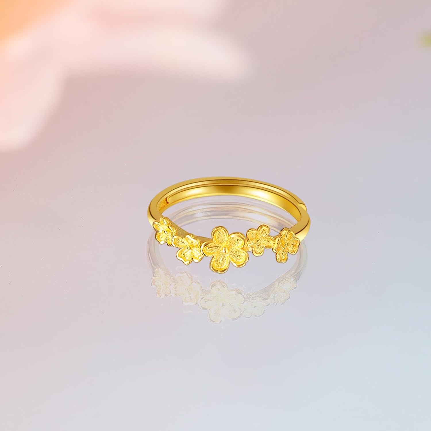 24K Solid Gold Floral Ring for Women, Adjustable Flower Style Ring Jewelry Gifts Girlfriend Rings Wedding Anniversary Engagement A0112983 - Image 4