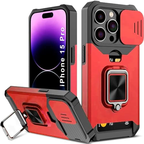 Image of LuxuryKase Shockproof Armor Case for iPhone 15 Pro | Slide Camera Cover | Hidden Card Slot | Rotating Ring Kickstand | Magnetic Car Mount Support | Military Grade Protection - Red
